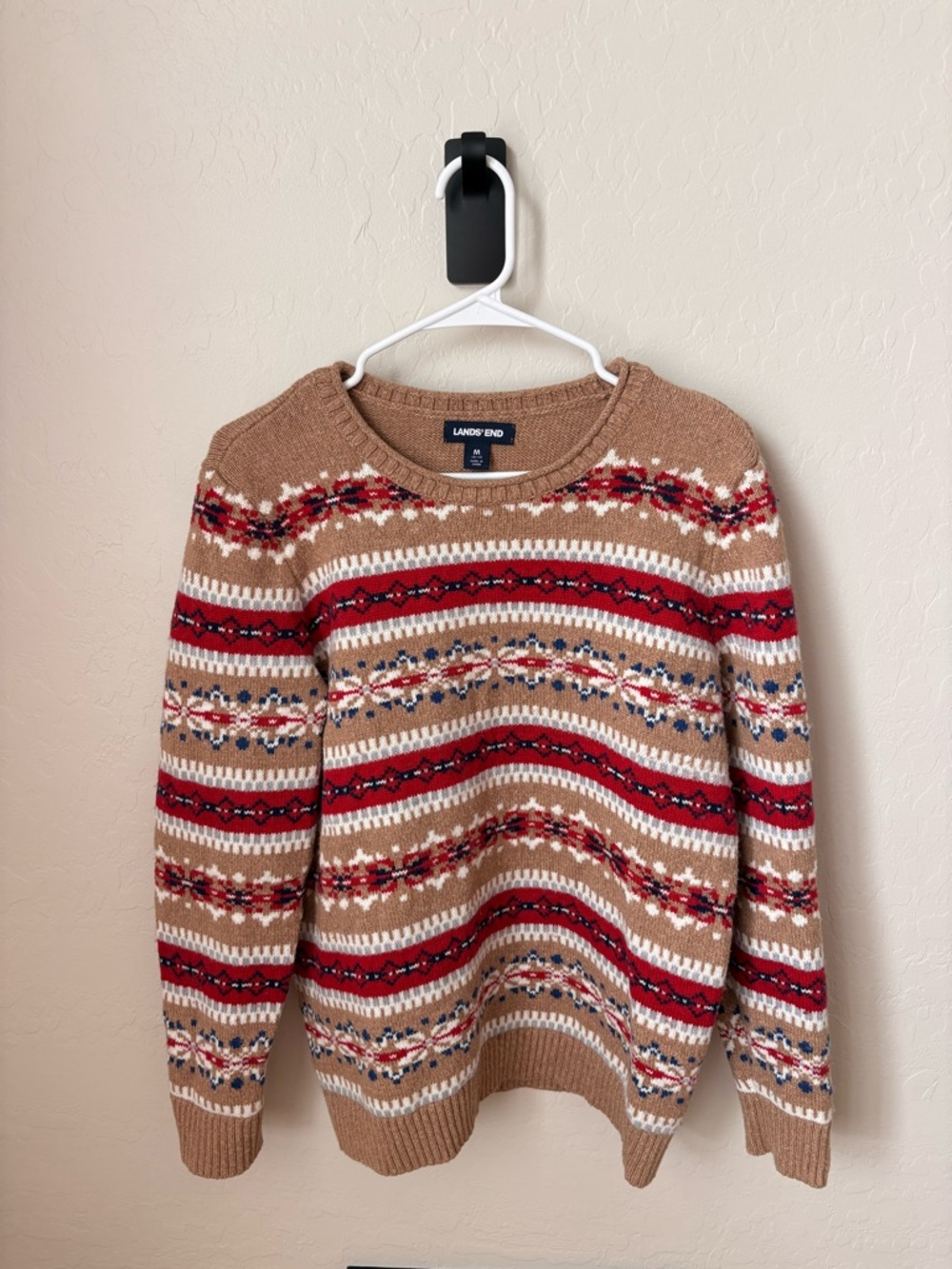 Lands' End Tan Crewneck Sweater with Red, White and Navy Fair Isle Stripes